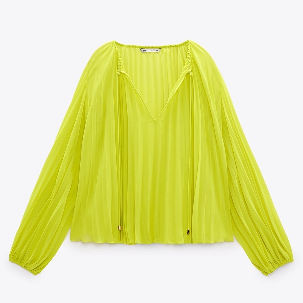 Zara NWT Pleated Chartreuse Blouse - Picture 3 of 3